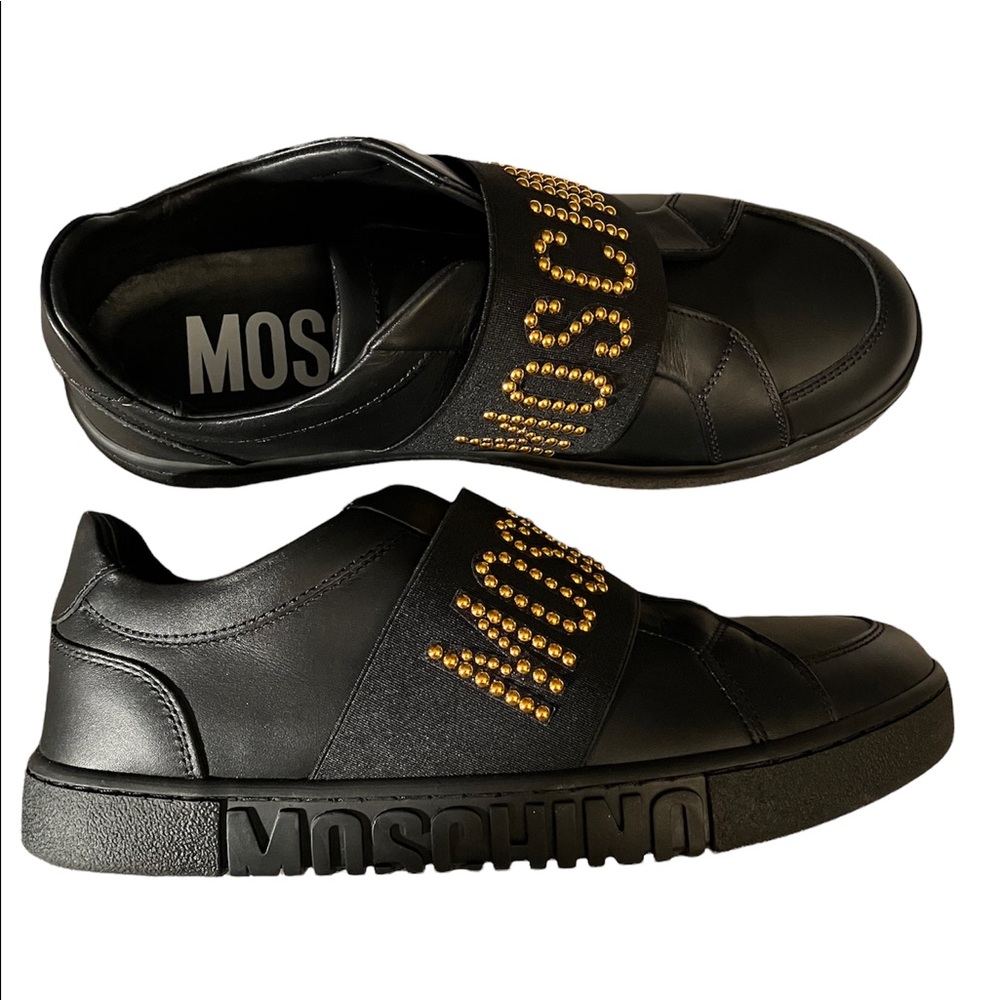 NWT Moschino Banded Slip-on Black Leather Sneakers 38 Gold Crystals
